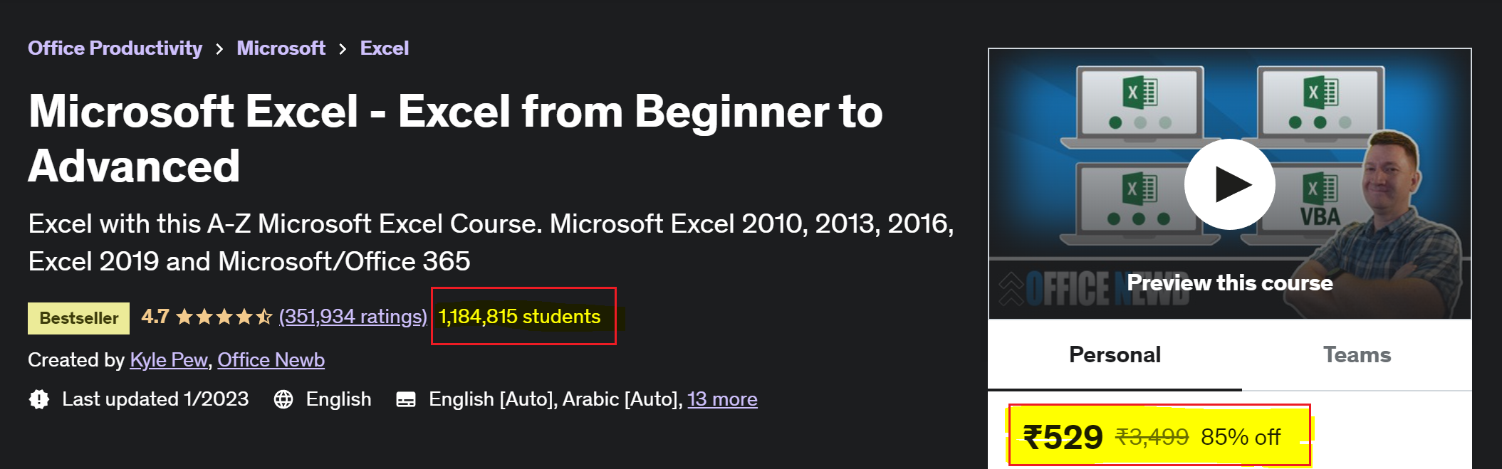 Udemy Microsoft Excel Beginner to Advanced Course